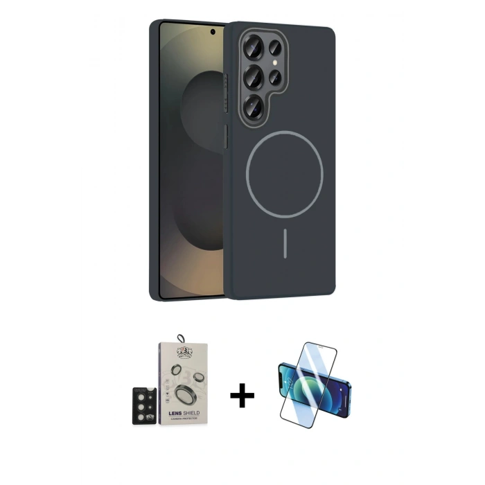 MARSİLYAN™- Galaxy S25 Ultra Kılıf Siluet Doku Özel Seri - Siyah 3D Antistatik Cam Ekran Koruyucu + Bilvis Titan Kamera Lens - SH