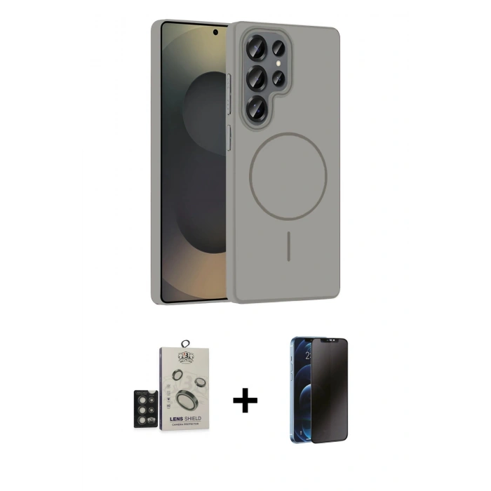 MARSİLYAN™- Galaxy S25 Ultra Kılıf Siluet Doku Özel Seri - Siyah 3D Antistatik Hayalet Cam Ekran Koruyucu + Bilvis Titan Kamera Lens - TNGI