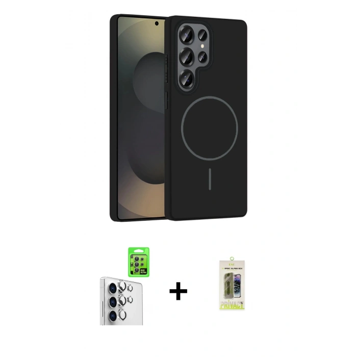 MARSİLYAN™- Galaxy S25 Ultra Kılıf Siluet Doku Özel Seri - Siyah Joko Magic 5D Hayalet Cam + Raze Metal Kamera Lens - GS
