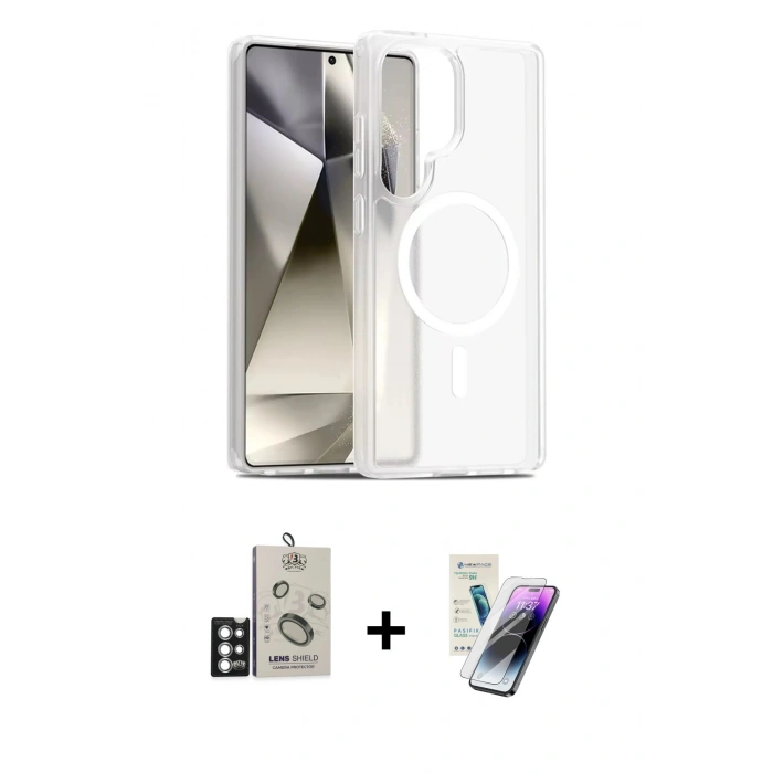 MARSİLYAN™- Galaxy S25 Ultra Kılıf Siluet Minimal Prime - Şeffaf Pasifik Cam Ekran Koruyucu + Bilvis Titan Kamera Lens - GS