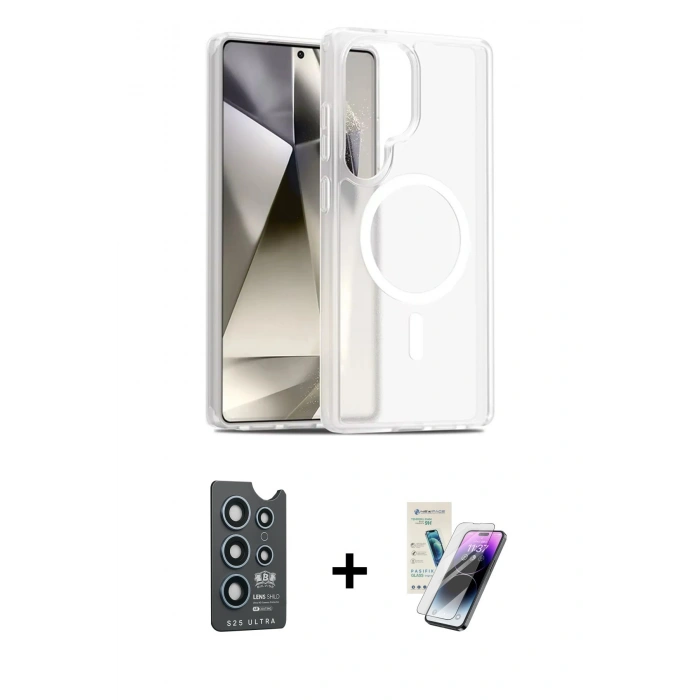 MARSİLYAN™- Galaxy S25 Ultra Kılıf Siluet Minimal Prime - Şeffaf Pasifik Cam Ekran Koruyucu + Bilvis Titan Kamera Lens - LT