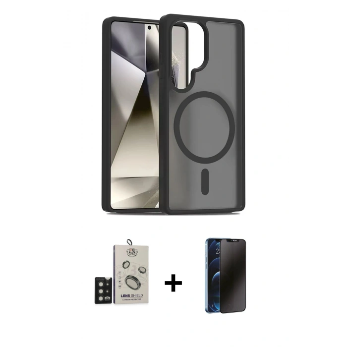 MARSİLYAN™- Galaxy S25 Ultra Kılıf Siluet Minimal Prime - Siyah 3D Antistatik Hayalet Cam Ekran Koruyucu + Bilvis Titan Kamera Lens - SH