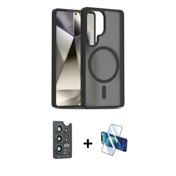 MARSİLYAN™- Galaxy S25 Ultra Kılıf Siluet Minimal Prime - Siyah 3D Antistatik Seramik Nano Ekran Koruyucu + Bilvis Titan Kamera Lens - LT
