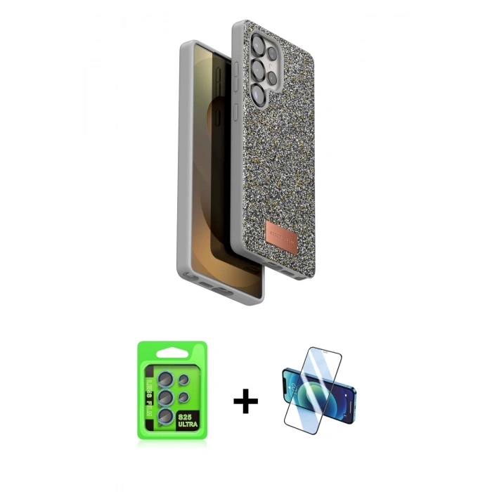 MARSİLYAN™- Galaxy S25 Ultra Kılıf Vadi Klasik Serisi - Siyah 3D Antistatik Cam Ekran Koruyucu + Raze Metal Kamera Lens - MI