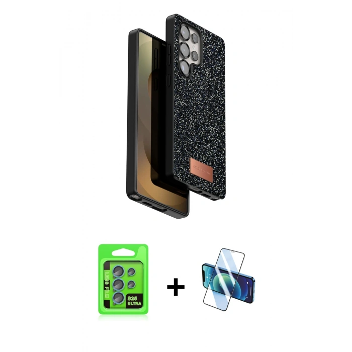 MARSİLYAN™- Galaxy S25 Ultra Kılıf Vadi Klasik Serisi - Siyah 3D Antistatik Cam Ekran Koruyucu + Raze Metal Kamera Lens - MI