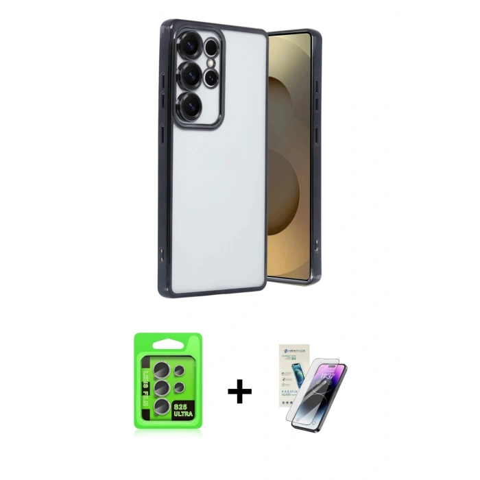 MARSİLYAN™- Galaxy S25 Ultra Kılıf Vadi Minimal - Şeffaf Pasifik Cam Ekran Koruyucu + Raze Metal Kamera Lens - NLGY