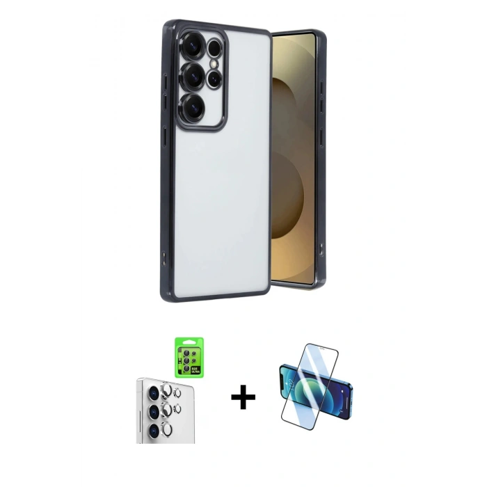 MARSİLYAN™- Galaxy S25 Ultra Kılıf Vadi Minimal - Siyah 3D Antistatik Seramik Nano Ekran Koruyucu + Raze Metal Kamera Lens - GS