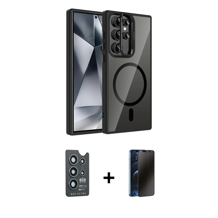 MARSİLYAN™- Galaxy S25 Ultra Kılıf Yadigar Asil Koleksiyonu - Siyah 3D Antistatik Hayalet Cam Ekran Koruyucu + Bilvis Titan Kamera Lens - LT