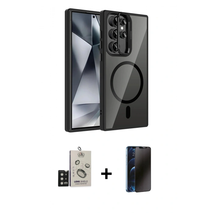 MARSİLYAN™- Galaxy S25 Ultra Kılıf Yadigar Asil Koleksiyonu - Siyah 3D Antistatik Hayalet Cam Ekran Koruyucu + Bilvis Titan Kamera Lens - SH