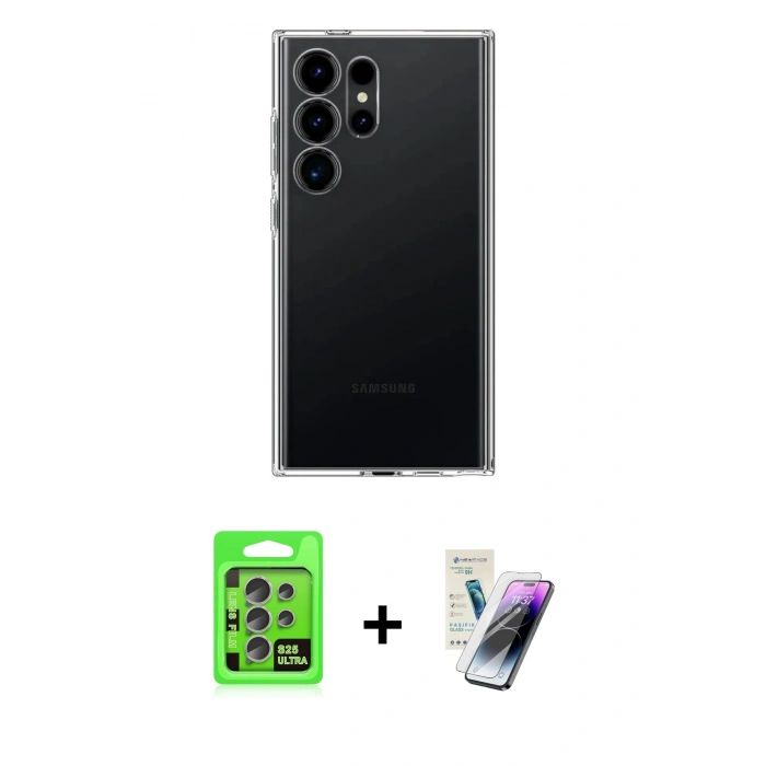 MARSİLYAN™- Galaxy S25 Ultra Kılıf Zirve Doku - Şeffaf Pasifik Cam Ekran Koruyucu + Raze Metal Kamera Lens - NLGY