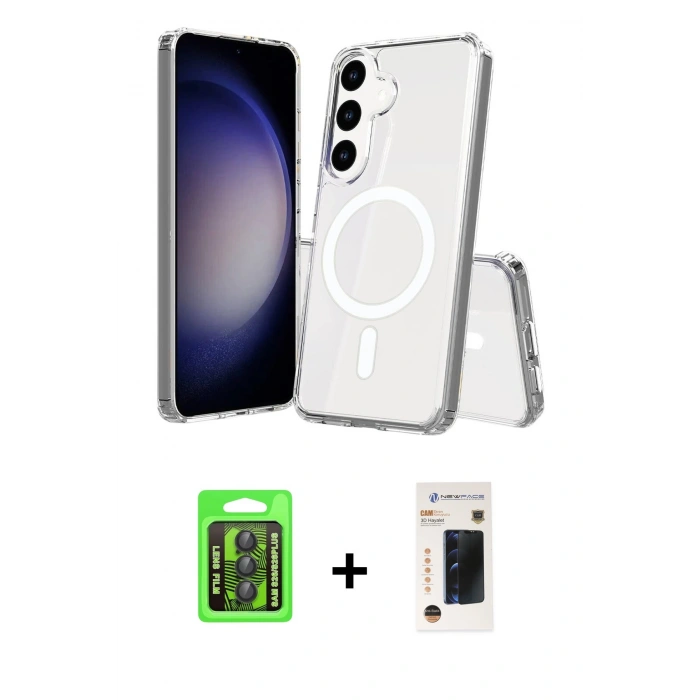MARSİLYAN™- Galaxy S26 Kılıf Ahenk Yansıma Prime - Siyah 3D Antistatik Hayalet Cam Ekran Koruyucu + Raze Metal Kamera Lens - SH