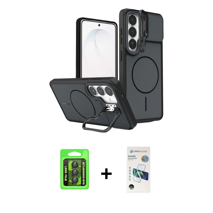 MARSİLYAN™- Galaxy S26 Kılıf İz Modern Prime - Siyah 3D Antistatik Seramik Nano Ekran Koruyucu + Raze Metal Kamera Lens - SH