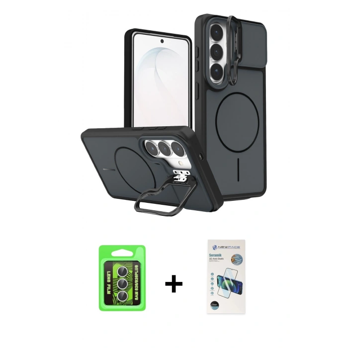 MARSİLYAN™- Galaxy S26 Kılıf İz Modern Prime - Siyah 3D Antistatik Seramik Nano Ekran Koruyucu + Raze Metal Kamera Lens - GS