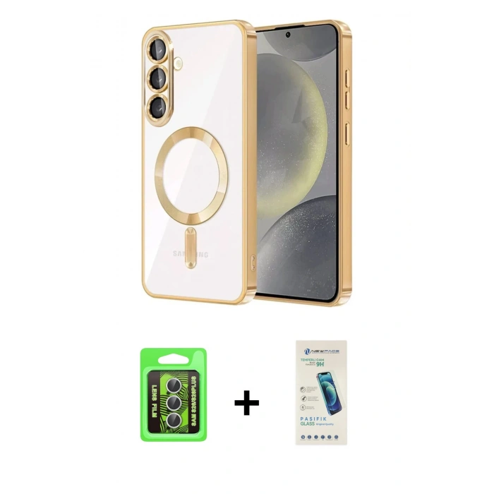 MARSİLYAN™- Galaxy S26 Kılıf Nova Işık Özel Seri - Şeffaf Pasifik Cam Ekran Koruyucu + Gümüş Raze Metal Kamera Lens