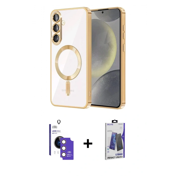 MARSİLYAN™- Galaxy S26 Kılıf Nova Işık Özel Seri - Siyah Bilvis Hayalet Cam Ekran Koruyucu + Bilvis Titan Kamera Lens - PE