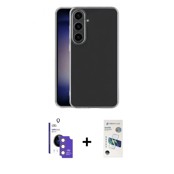 MARSİLYAN™- Galaxy S26 Kılıf Zirve Doku - Siyah 3D Antistatik Seramik Nano Ekran Koruyucu + Bilvis Titan Kamera Lens - PE