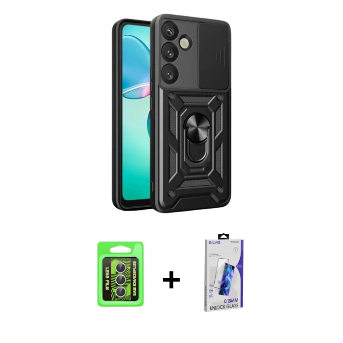MARSİLYAN™- Galaxy S26 Plus Kılıf Ahenk Klasik - Siyah Bilvis 3D Cam Ekran Koruyucu + Raze Metal Kamera Lens - GS