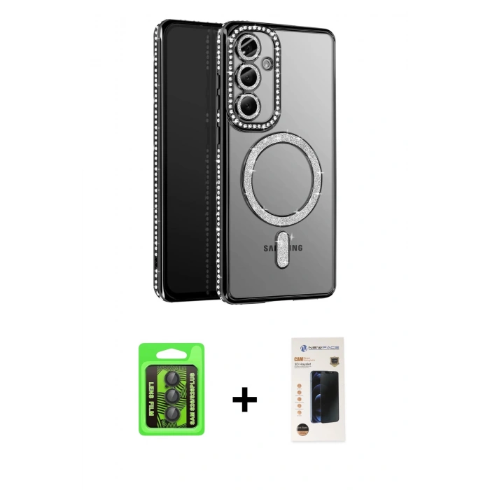 MARSİLYAN™- Galaxy S26 Plus Kılıf Siluet Işık Serisi - Siyah 3D Antistatik Hayalet Cam Ekran Koruyucu + Raze Metal Kamera Lens - SH