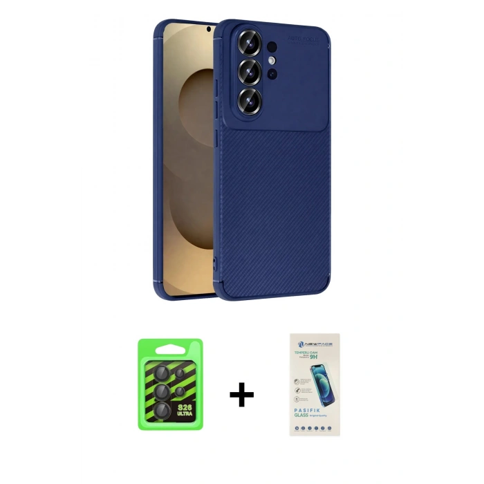 MARSİLYAN™- Galaxy S26 Ultra Kılıf Eksen Form Prime - Şeffaf Pasifik Cam Ekran Koruyucu + Raze Metal Kamera Lens - SH