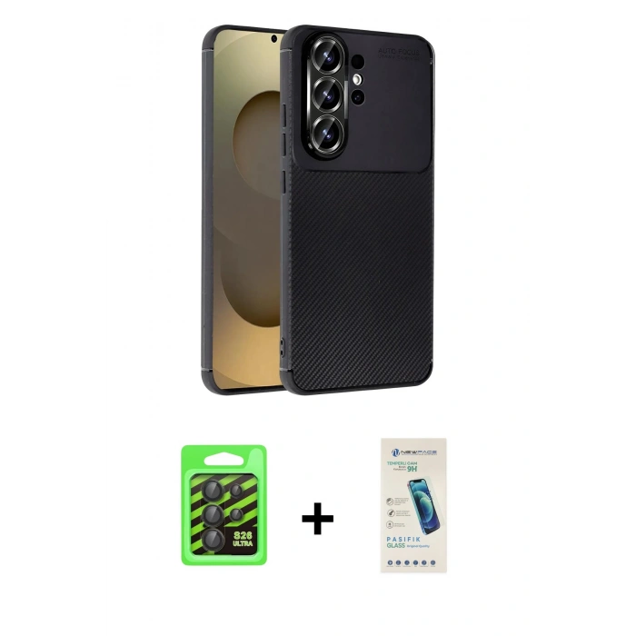 MARSİLYAN™- Galaxy S26 Ultra Kılıf Eksen Form Prime - Şeffaf Pasifik Cam Ekran Koruyucu + Raze Metal Kamera Lens - SH