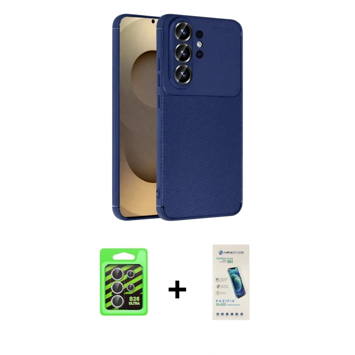 MARSİLYAN™- Galaxy S26 Ultra Kılıf Eksen Form Prime - Şeffaf Pasifik Cam Ekran Koruyucu + Raze Metal Kamera Lens - GS