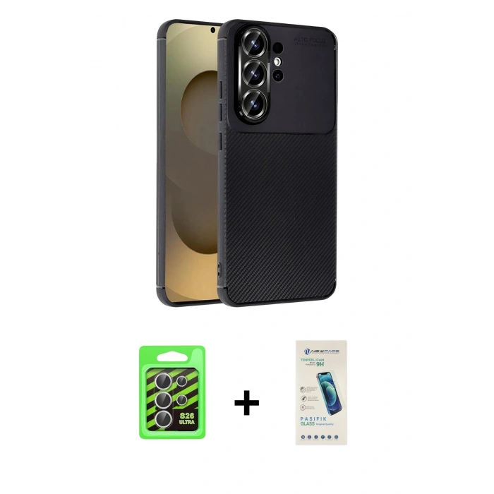 MARSİLYAN™- Galaxy S26 Ultra Kılıf Eksen Form Prime - Şeffaf Pasifik Cam Ekran Koruyucu + Raze Metal Kamera Lens - GS