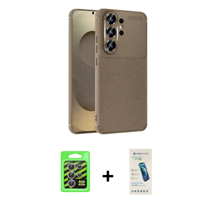 MARSİLYAN™- Galaxy S26 Ultra Kılıf Eksen Form Prime - Şeffaf Pasifik Cam Ekran Koruyucu + Raze Metal Kamera Lens - GS