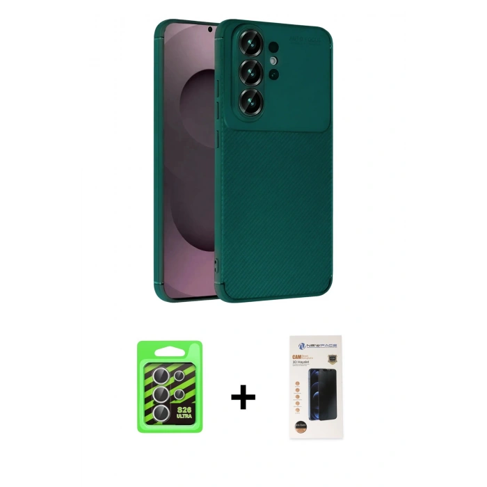 MARSİLYAN™- Galaxy S26 Ultra Kılıf Eksen Form Prime - Siyah 3D Antistatik Hayalet Cam Ekran Koruyucu + Raze Metal Kamera Lens - GS