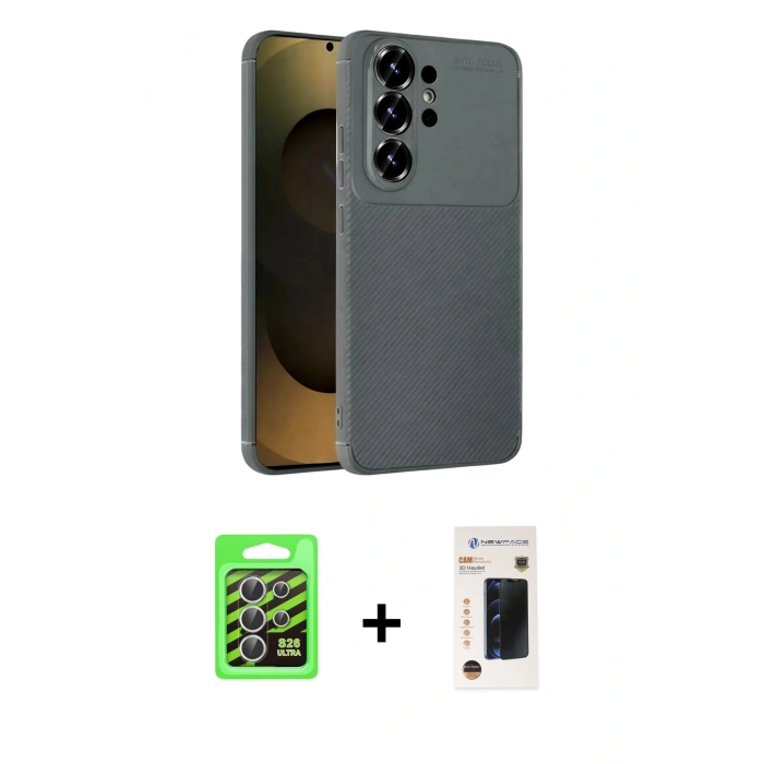 MARSİLYAN™- Galaxy S26 Ultra Kılıf Eksen Form Prime - Siyah 3D Antistatik Hayalet Cam Ekran Koruyucu + Raze Metal Kamera Lens - GS