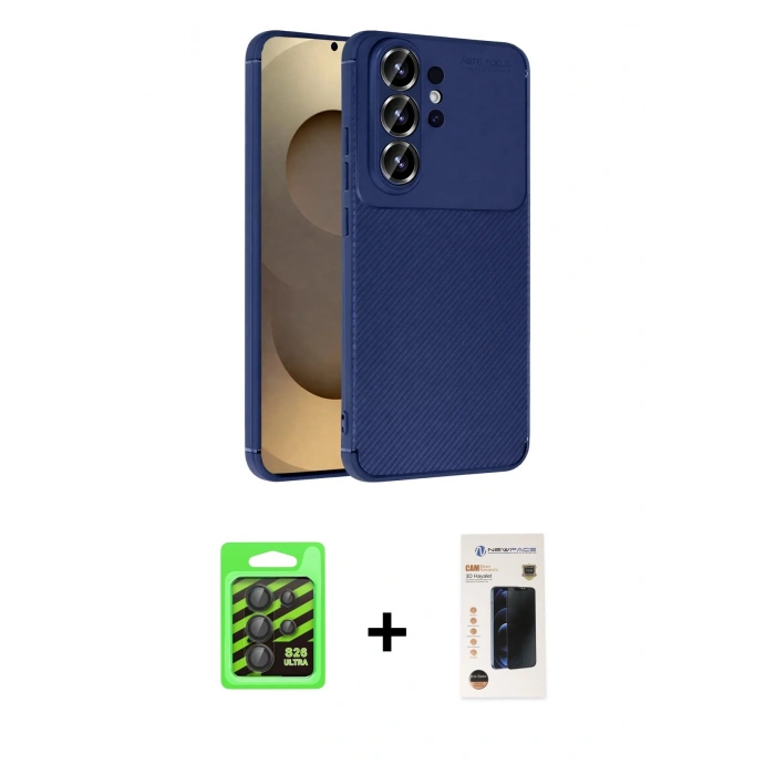 MARSİLYAN™- Galaxy S26 Ultra Kılıf Eksen Form Prime - Siyah 3D Antistatik Hayalet Cam Ekran Koruyucu + Raze Metal Kamera Lens - SH