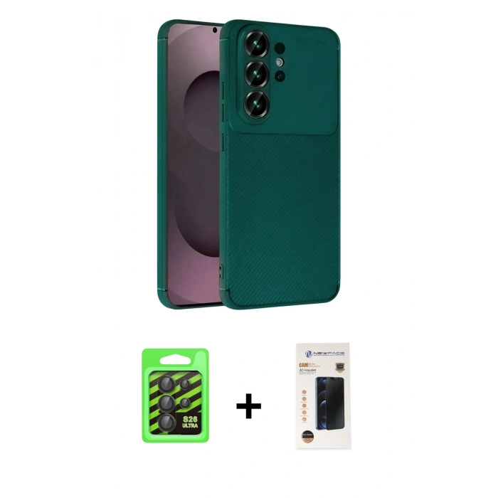 MARSİLYAN™- Galaxy S26 Ultra Kılıf Eksen Form Prime - Siyah 3D Antistatik Hayalet Cam Ekran Koruyucu + Raze Metal Kamera Lens - SH