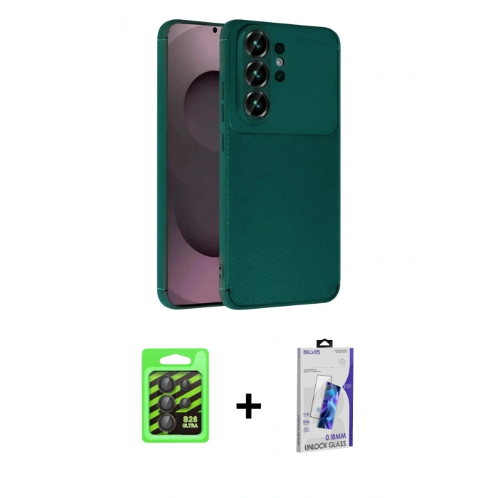 MARSİLYAN™- Galaxy S26 Ultra Kılıf Eksen Form Prime - Siyah Bilvis 3D Cam Ekran Koruyucu + Raze Metal Kamera Lens - SH