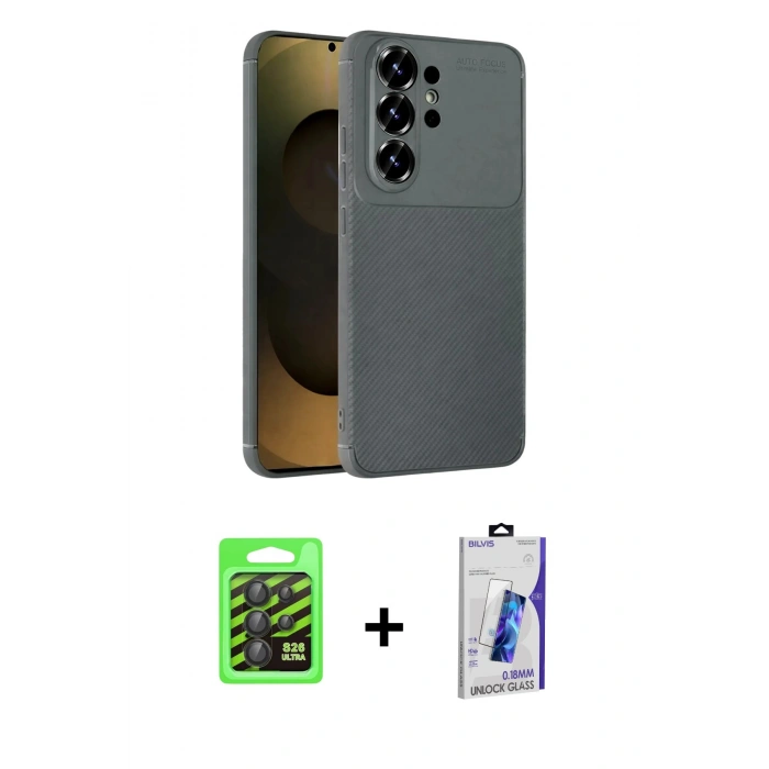 MARSİLYAN™- Galaxy S26 Ultra Kılıf Eksen Form Prime - Siyah Bilvis 3D Cam Ekran Koruyucu + Raze Metal Kamera Lens - SH