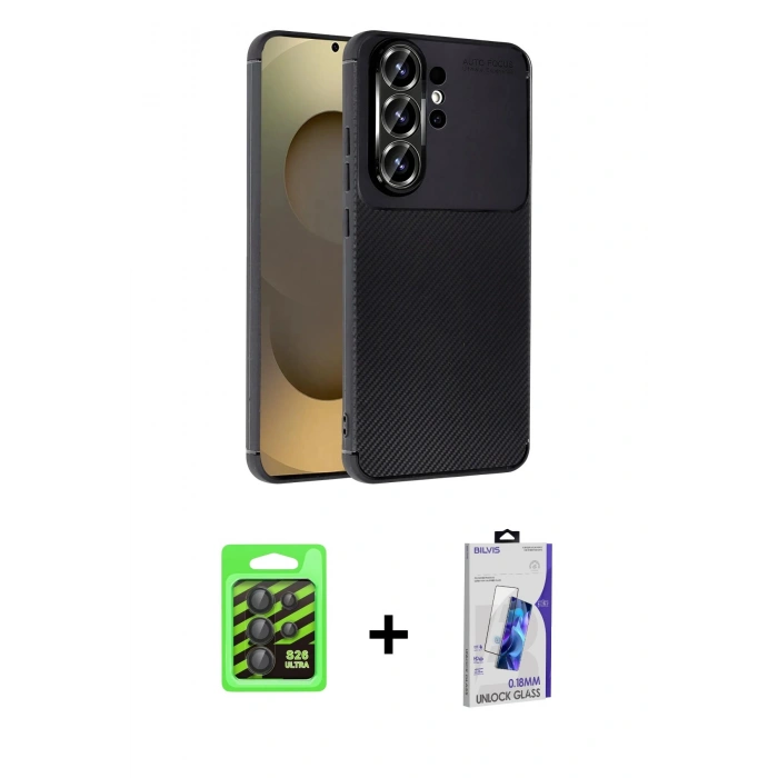 MARSİLYAN™- Galaxy S26 Ultra Kılıf Eksen Form Prime - Siyah Bilvis 3D Cam Ekran Koruyucu + Raze Metal Kamera Lens - SH