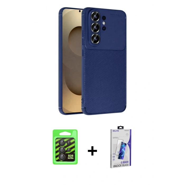 MARSİLYAN™- Galaxy S26 Ultra Kılıf Eksen Form Prime - Siyah Bilvis 3D Cam Ekran Koruyucu + Raze Metal Kamera Lens - SH