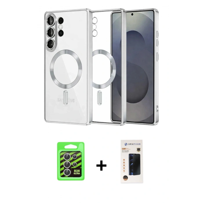 MARSİLYAN™- Galaxy S26 Ultra Kılıf Nova Işık Özel Seri - Siyah 3D Antistatik Hayalet Cam Ekran Koruyucu + Raze Metal Kamera Lens - GS