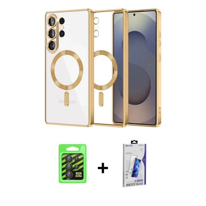 MARSİLYAN™- Galaxy S26 Ultra Kılıf Nova Işık Özel Seri - Siyah Bilvis 3D Cam Ekran Koruyucu + Raze Metal Kamera Lens - SH