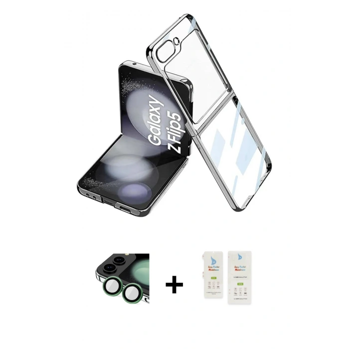 MARSİLYAN™- Galaxy Z Flip 5 Kılıf Kutup Minimal Özel Seri - Şeffaf Samsung Flip Aksesuarları + Valdez Metal Kamera Lens - KUYL