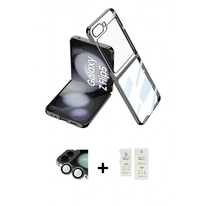 MARSİLYAN™- Galaxy Z Flip 5 Kılıf Kutup Minimal Özel Seri - Şeffaf Samsung Flip Aksesuarları + Valdez Metal Kamera Lens - KUYL