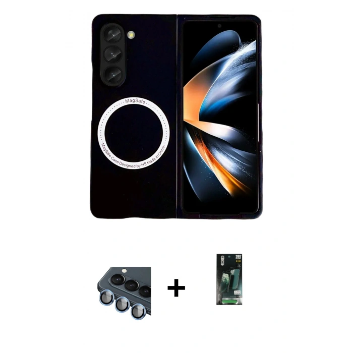 MARSİLYAN™- Galaxy Z Fold 5 Kılıf Ahenk Form Prime - Şeffaf 360 Fold Full Body + Mavi Valdez Metal Kamera Lens