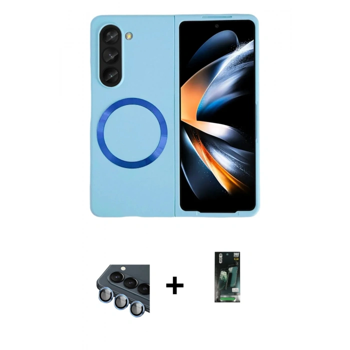 MARSİLYAN™- Galaxy Z Fold 5 Kılıf Ahenk Form Prime - Şeffaf 360 Fold Full Body + Mavi Valdez Metal Kamera Lens