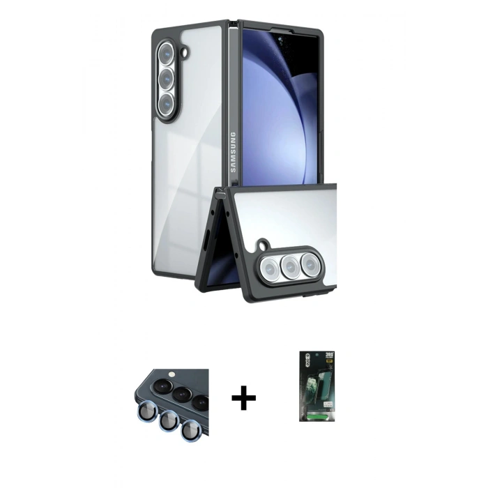 MARSİLYAN™- Galaxy Z Fold 5 Kılıf Kozmos Klasik - Şeffaf 360 Fold Full Body + Valdez Metal Kamera Lens - MI