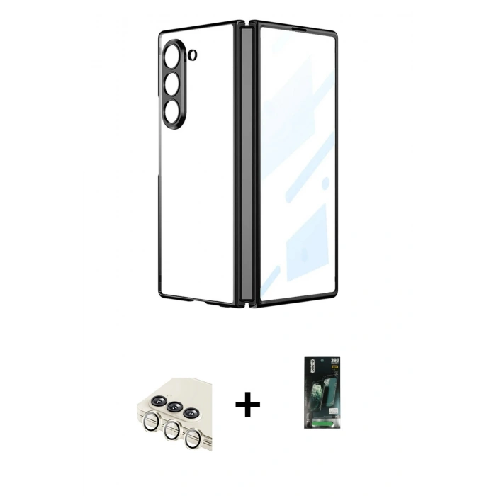 MARSİLYAN™- Galaxy Z Fold 5 Kılıf Kutup Minimal Özel Seri - Şeffaf 360 Fold Full Body + Valdez Metal Kamera Lens - KM