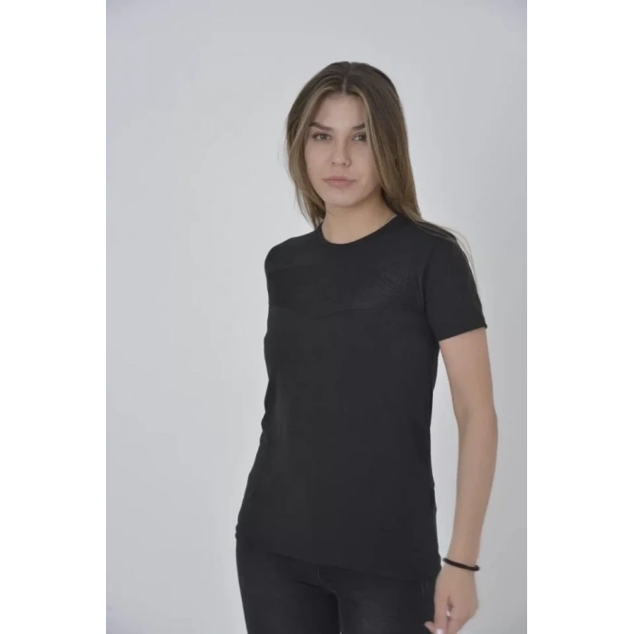 MARSiLYAN- Gögüs Fileli Slim Fit T-shirt - Siyah