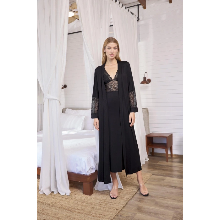 MARSiLYAN-  Göğüs ve Sırt Dekolteli Dantelli Sabahlık Takımı