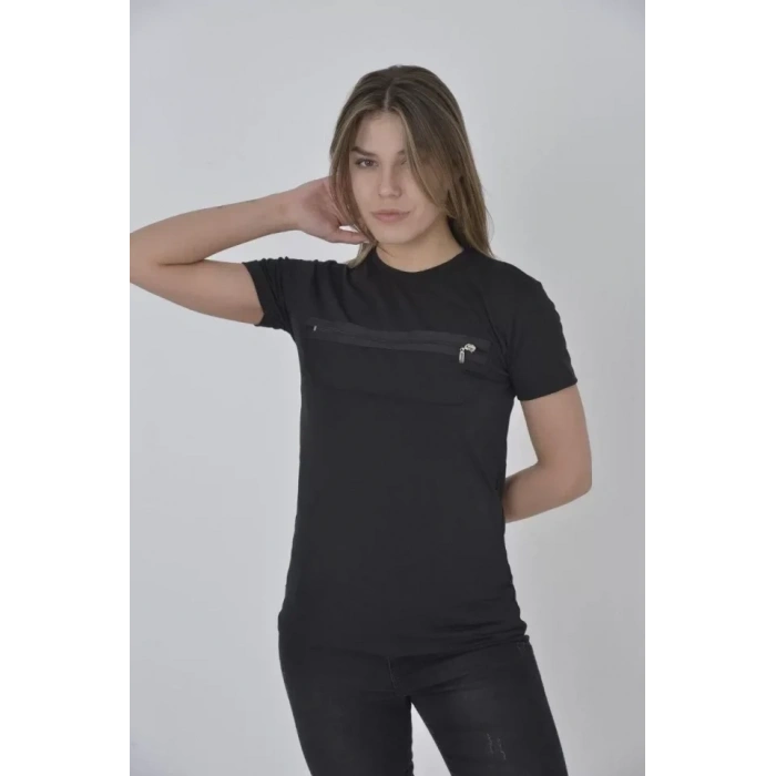 MARSiLYAN- Göğüste Fermuar Aksesuarlı Dar Kalıp T-Shirt - Siyah