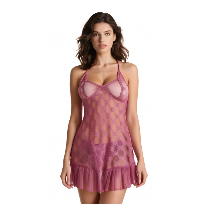 MARSiLYAN-  Gül Kurusu Tül Mini Gecelik Zarif Kadın Gece Elbisesi