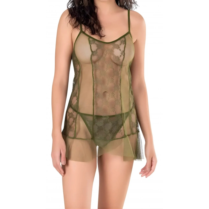 MARSiLYAN-  Haki Tül Mini Gecelik Zarif Kadın Gece Elbisesi