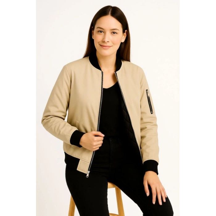 MARSiLYAN- Içi Astarlı Fermuarlı Bomber Mont Ceket - Bej