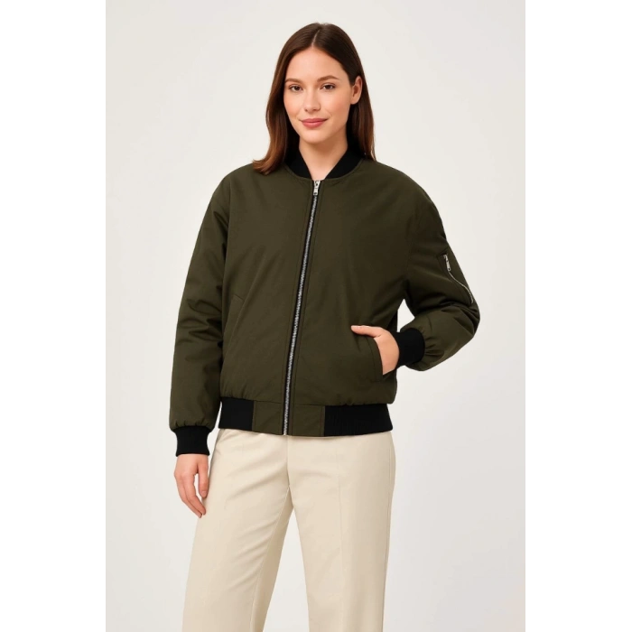 MARSiLYAN- Içi Astarlı Fermuarlı Bomber Mont Ceket - Haki